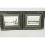 Fred Newman, 'The Houses of Parliament' and 'Tower Bridge', pair of black and white etchings of