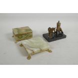 A small desk stand cigar lighter made as a dog standing by a tree on a marble base, 4¾" long,
