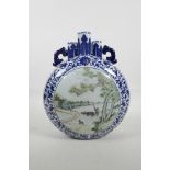 A Chinese blue and white porcelain triple stem moon flask with two handles and decorative famille