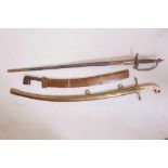 Three sheathed swords, one ceremonial, one scimitar and one jungle machete, largest 38" long, W/F