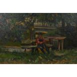 Figure seated in a park, inscribed verso 'E. Geiger', unframed oil on canvas, 14½" x 16"