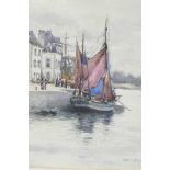 Frances E. Nesbitt (1864-1934), sailing boats moored at a quay, signed, detailed verso 'The Quay