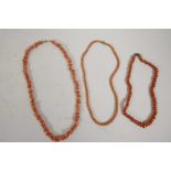 Three strings of coral beads, longest 19"