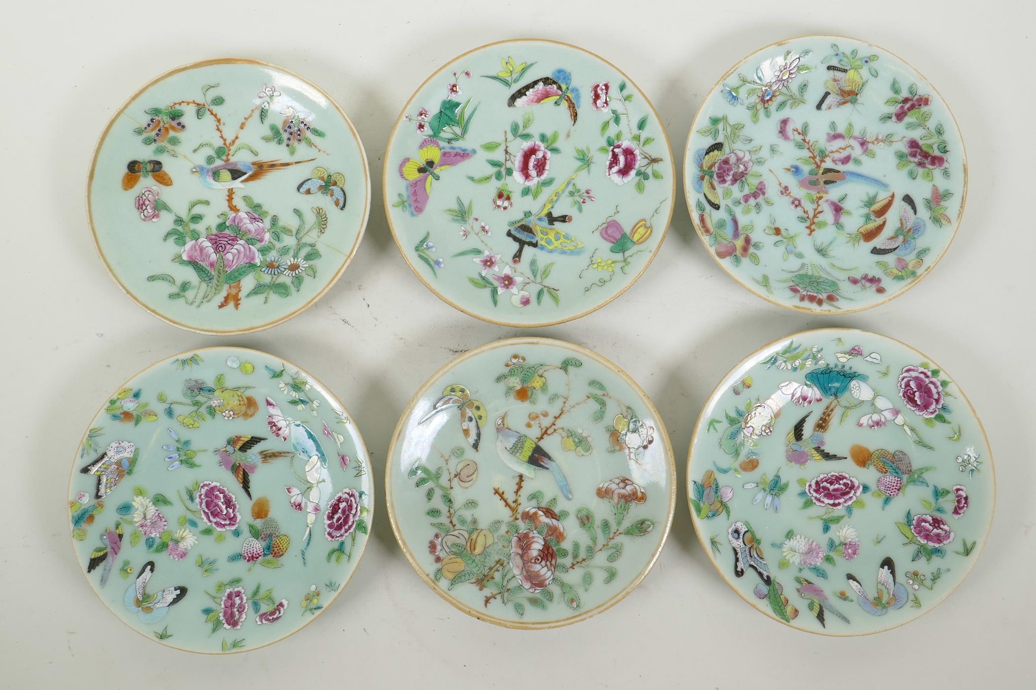 Six early C19th Chinese celadon famille rose porcelain plates, with enamel decoration of butterflies