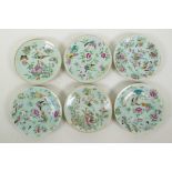 Six early C19th Chinese celadon famille rose porcelain plates, with enamel decoration of butterflies