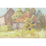 Overgrown farm buildings, signed indistinctly, oil on board, 19½" x 14"