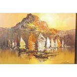 Zablan, sailing boats off a rocky Philippine coast, signed, 24" x 18"