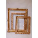 Three giltwood and composition gallery frames, largest rebate 24" x 30", others 16" x 20" and 24"