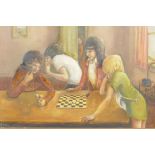 A youngster playing draughts, 1970s oil on board, signed C. Wicks, 14" x 9"