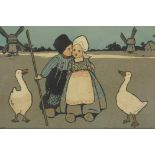 Ethel Parkinson (British, 1868-1957), traditionally dressed Dutch children with two geese, oak