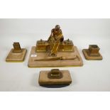 A French ormolu and marble desk set, the standish with two inkwells and a seated classical figure,