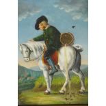 A German oil on copper panel depicting a man on horseback, title in German, 6" x 7½"
