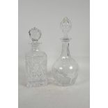 A square cut glass spirit decanter, 10½" high, together with a Webbs crystal mallet decanter with