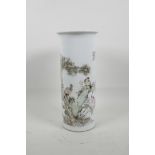 A Chinese Republic porcelain cylinder vase decorated with birds in a landscape, 11½" x 5" diameter