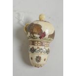 A bone tape measure and thimble holder with chicken and flower decoration, 3"