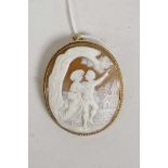 A 9ct gold framed shell cameo brooch, carved as a courting couple, with safety chain, 2¼" x 2"