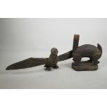 An African ethnic carved wood figurine of a strange animal (no head) from the Bambara tribe, Mali,