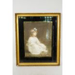A C19th mezzotint of a girl with a blue bow, in a black verre eglomise frame, label verso, 19" x 16"