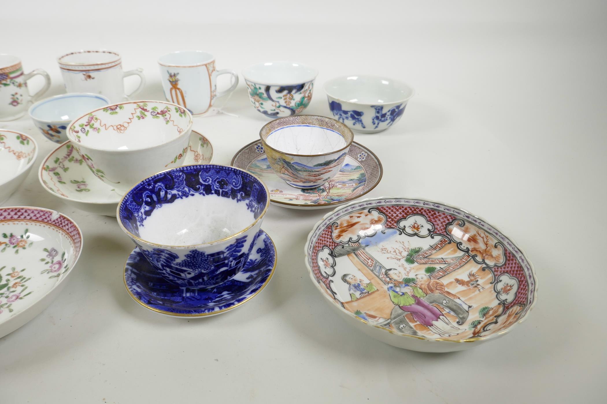 A quantity of C18th Chinese export porcelain tea bowls, tea cups and saucers, with famille rose, - Image 5 of 7