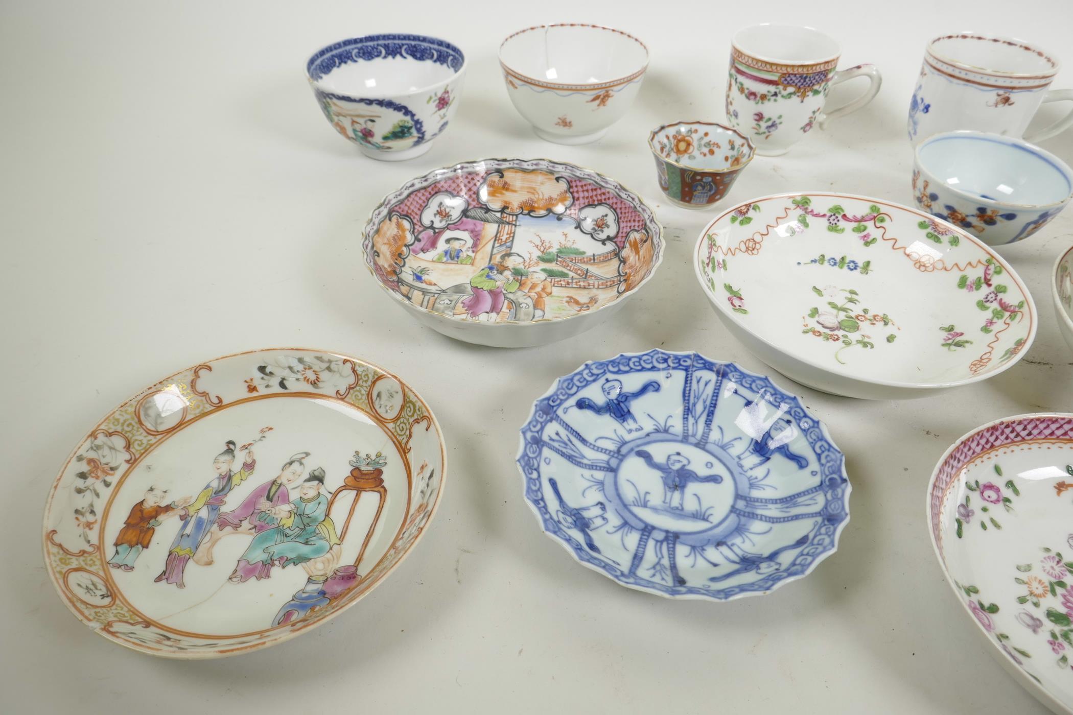 A quantity of C18th Chinese export porcelain tea bowls, tea cups and saucers, with famille rose, - Image 7 of 7