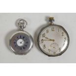 A silver pocket watch with a Swiss five jewel movement, London import mark, 1927, together with a