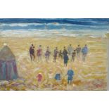 Figures gathered on a beach, inscribed 'PLA', unframed oil on canvas, 25½" x 31½"