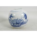 A Chinese blue and white porcelain storage jar decorated with figures on boats, two ring mark to