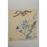 Bird in flight above flowers, signed, unframed Chinese watercolour on laid paper, 13" x 12"