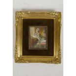 A miniature mixed media painting of a seated girl with her dog, 2½" x 3½"