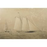 An engraving of the Americas Cup schooner 'America' sailing with other named yachts, signed by the