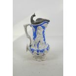 An 1859 Charles Meigh & Son 'Amphitrite' jug with hinged pewter lid, blue and white moulded