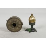 A Sino-Tibetan bronze travelling pastel burner, with opening lotus flower on an elephant base, 4"