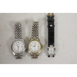Two men's Sekonda watches with stainless steel bracelets, and a lady's quartz watch, with square