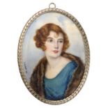 Marguerite Rossert (French, early C20th) a portrait miniature of a 'Lady in a Blue Dress' with a fur