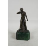 After Rodin, a bronze figure of a female nude, mounted on a green marbled plinth, 8" high