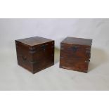 A pair of hardwood chests with metal straps and carrying handles, 15" x 15" x 15"