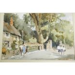 A rural scene with cattle, a thatched cottage and schoolchildren, signed indistinctly, 19" x 13"