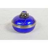 A gilt and pearl decorated blue enamel trinket box with decorated knop and engraved base, 2½"