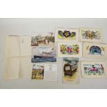 A collection of WWI postcards including Royal Flying Corps card and letter heading, silks and a