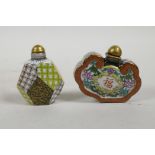 A Chinese porcelain petal shaped snuff bottle, painted with flowers and calligraphy, 2½" wide,