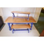 A refectory table with Pollard oak top, raised on turned supports united by an 'H' stretcher, and