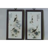 A pair of Chinese porcelain panels decorated with carp, mounted in hardwood frames, 9" x 16"