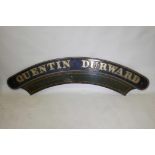 A brass and steel steam locomotive name plate in the Great Western colours for 'Quentin Durward',