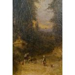 Unknown C19th artist, a pastoral scene with figures in a rural idyll, oil on panel, 13" x 10"