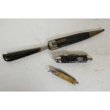 A C19th dagger with polished horn handle and matching leather and brass sheath, 10½" long,