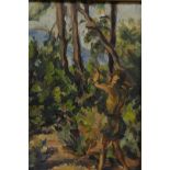 After Paul Cezanne (French, 1839-1906), a man in a wooded landscape c. 1930s, oil on board, 8½" x 6"