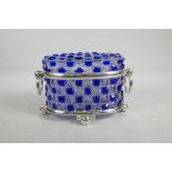 An overlaid blue and clear diamond-cut glass casket with silver plated mounts and handles, 6½" high,