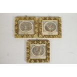 Three early hand coloured miniature engravings of domestic scenes, 4" x 3½"