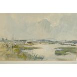 Elizabeth Scott-Moore, coastal inlet with figures on a footpath, signed, watercolour, 22" x 14"