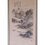 A large Chinese watercolour scroll depicting a riverside landscape, 20½" x 39"